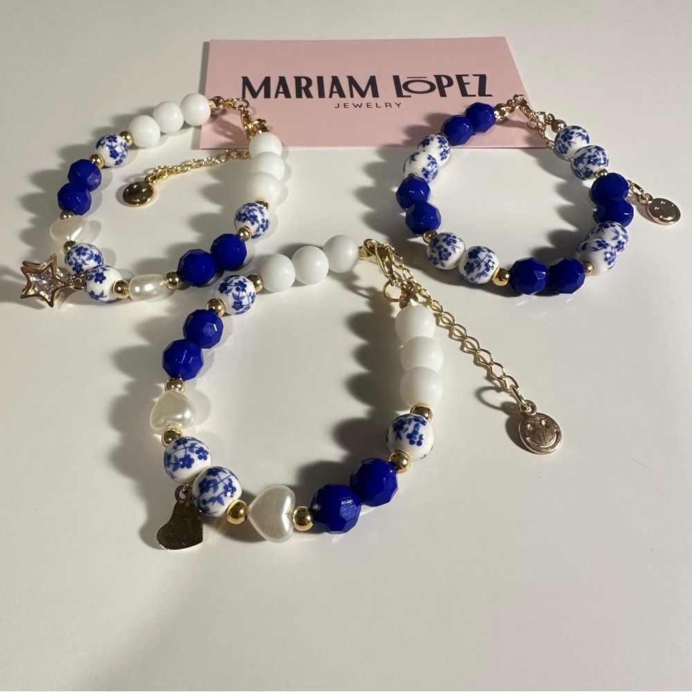 Blue and White Beaded Bracelet Set